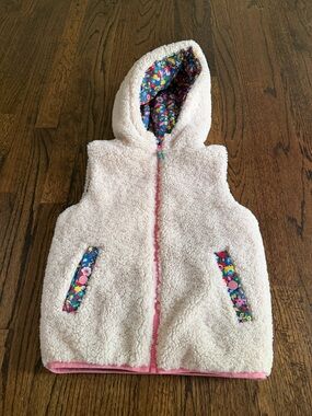Reversible Cream Sherpa Hooded Vest with Floral Trim